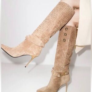 BALMAIN Robin debossed monogram Suede knee high Boots